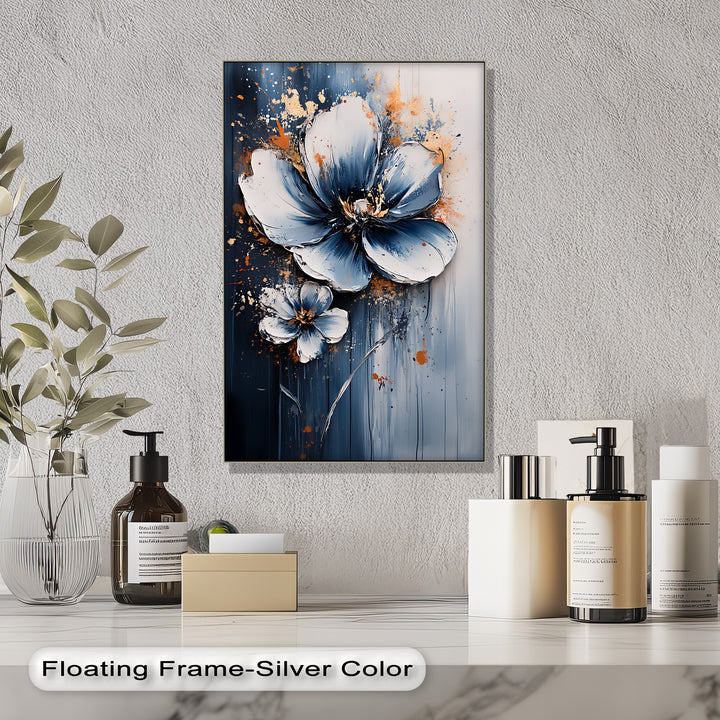 Electric Midnight Bloom – Blue and White Abstract Floral Canvas Print