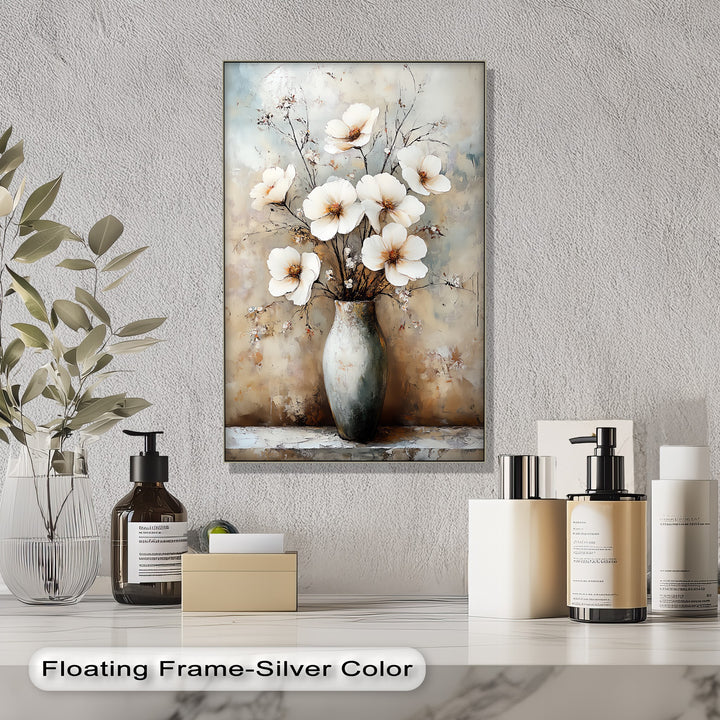 Vintage Bloom Still Life – White Flowers in Vase Canvas Print