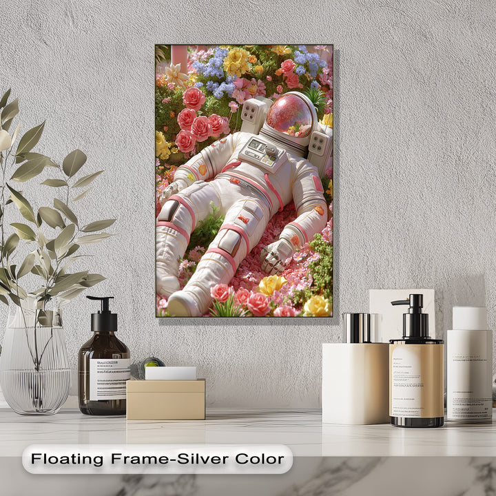 Astronaut Resting in a Garden of Flowers - Pink Canvas Print