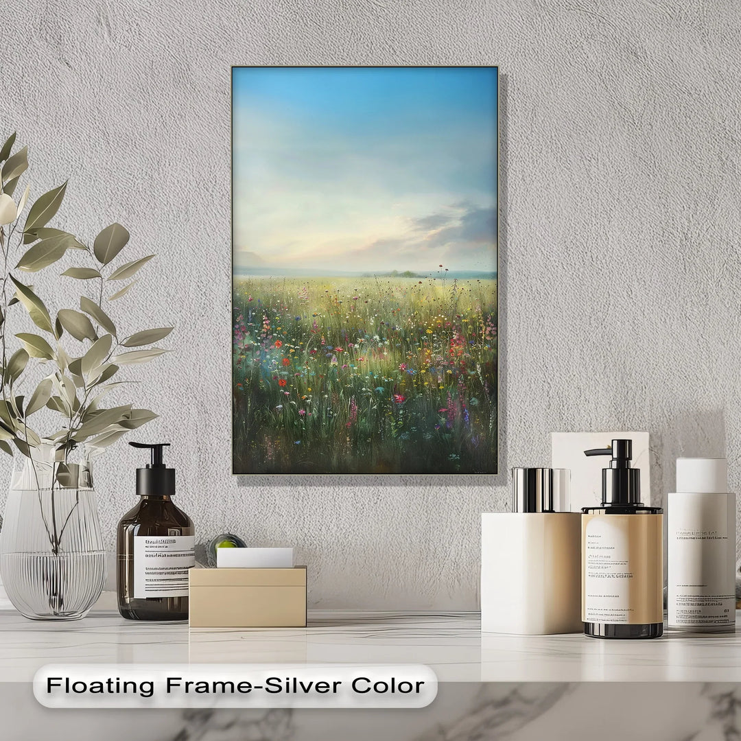 Peaceful field of flowers with blue sky print

