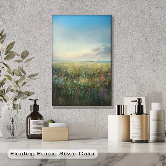 Gradual hues define the unique canvas print, where sky meets blooming meadow in a seamless transition of color across this 'Whispers of Wildflowers' landscape.