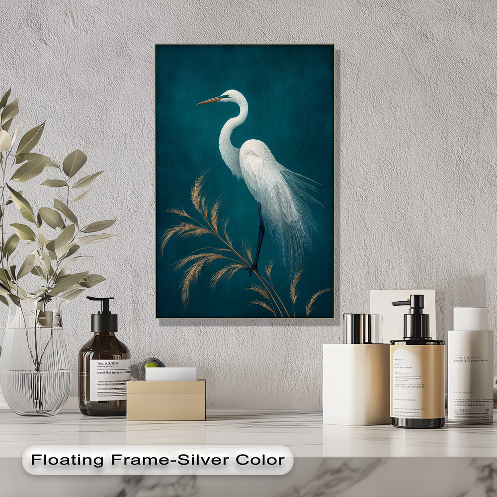 Teal dominates this elegant white heron canvas print, a striking example of premium canvas decor that enhances minimalist bird wall art.