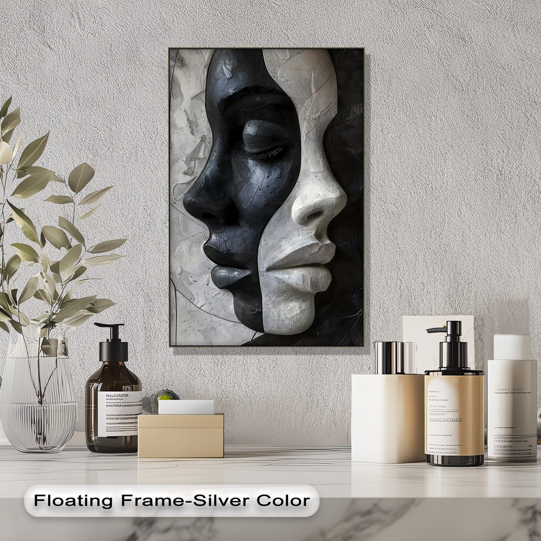 Captivating color contrast defines this abstract modern wall art featuring sculptural black and white faces, among the best canvas prints.