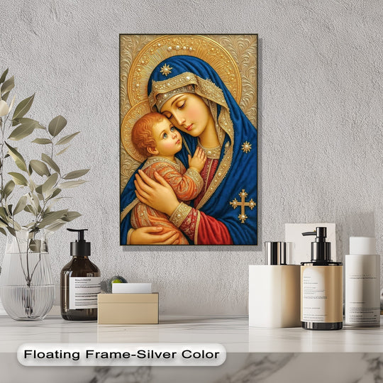The central subject is a vibrant canvas painting of the Virgin Mary holding Child Jesus, adorned with golden halos and detailed blue robes.