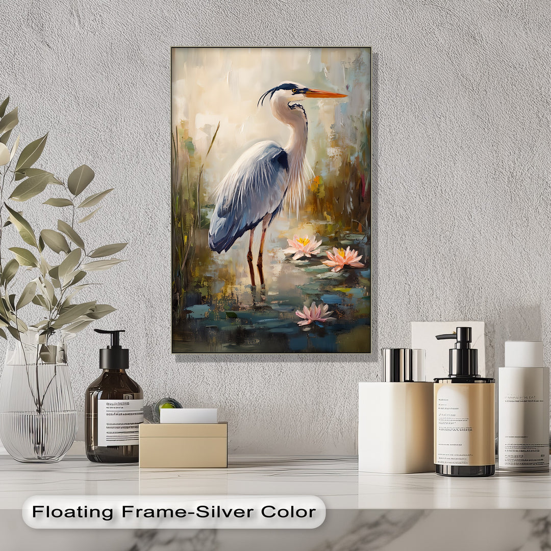 Graceful Heron Among Lilies – Serene Wildlife Canvas Print
