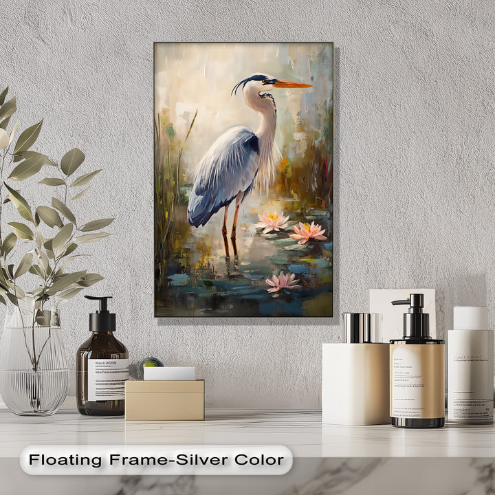Graceful Heron Among Lilies – Serene Wildlife Canvas Print