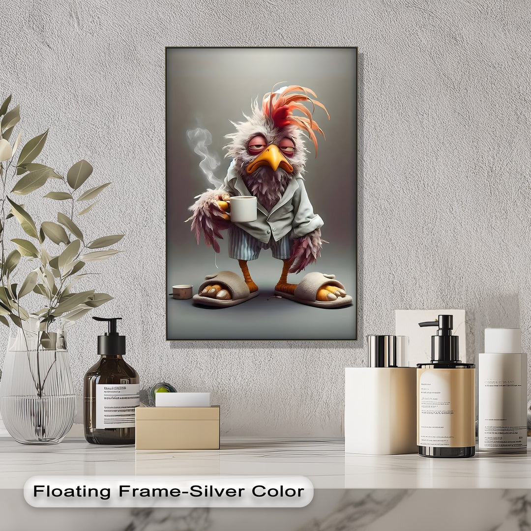 A hilarious, sleepy Morning Grump Bird, holding a steaming coffee mug, is the loudest element on this best canvas prints wall art.