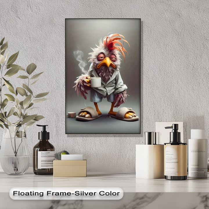 A hilarious, sleepy Morning Grump Bird, holding a steaming coffee mug, is the loudest element on this best canvas prints wall art.
