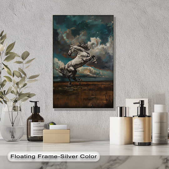 With muted color saturation, a white stallion rearing under a turbulent sky is depicted in this striking horse canvas painting.