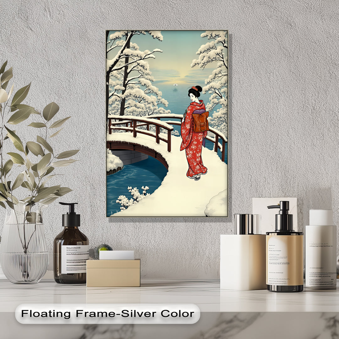 Snowy Bridge Serenity – Japanese Geisha Winter Canvas Print | Framed Art