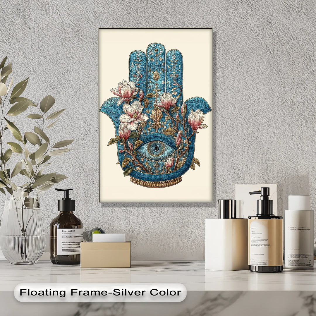 Sacred Hamsa Bloom – Blue Floral Hand with Eye Canvas Print - MyPhotoStation