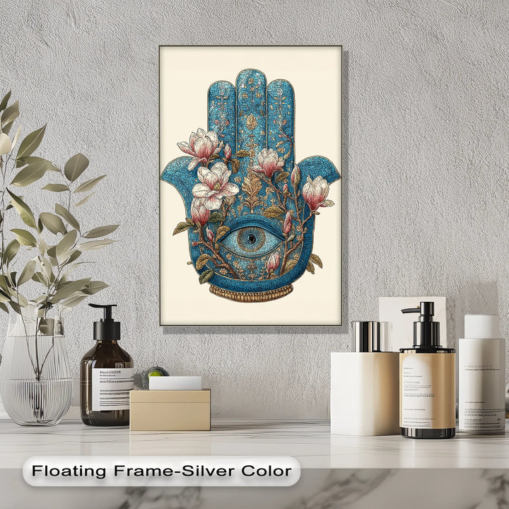 Sacred Hamsa Bloom – Blue Floral Hand with Eye Canvas Print - MyPhotoStation