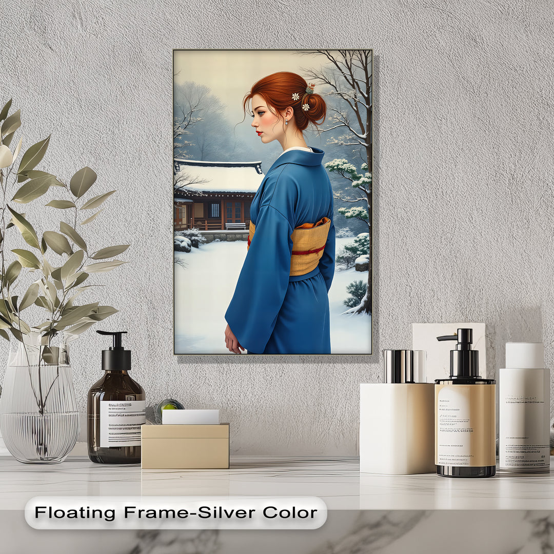 Winter Serenity – Japanese Woman in Blue Kimono Canvas Print | Framed Art