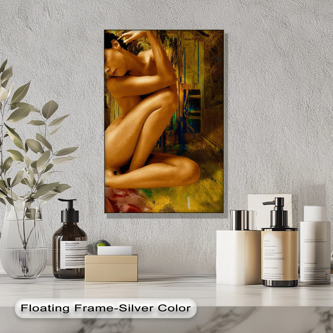 Golden Solitude – Abstract Nude Woman in Crouched Pose Canvas Print - MyPhotoStation