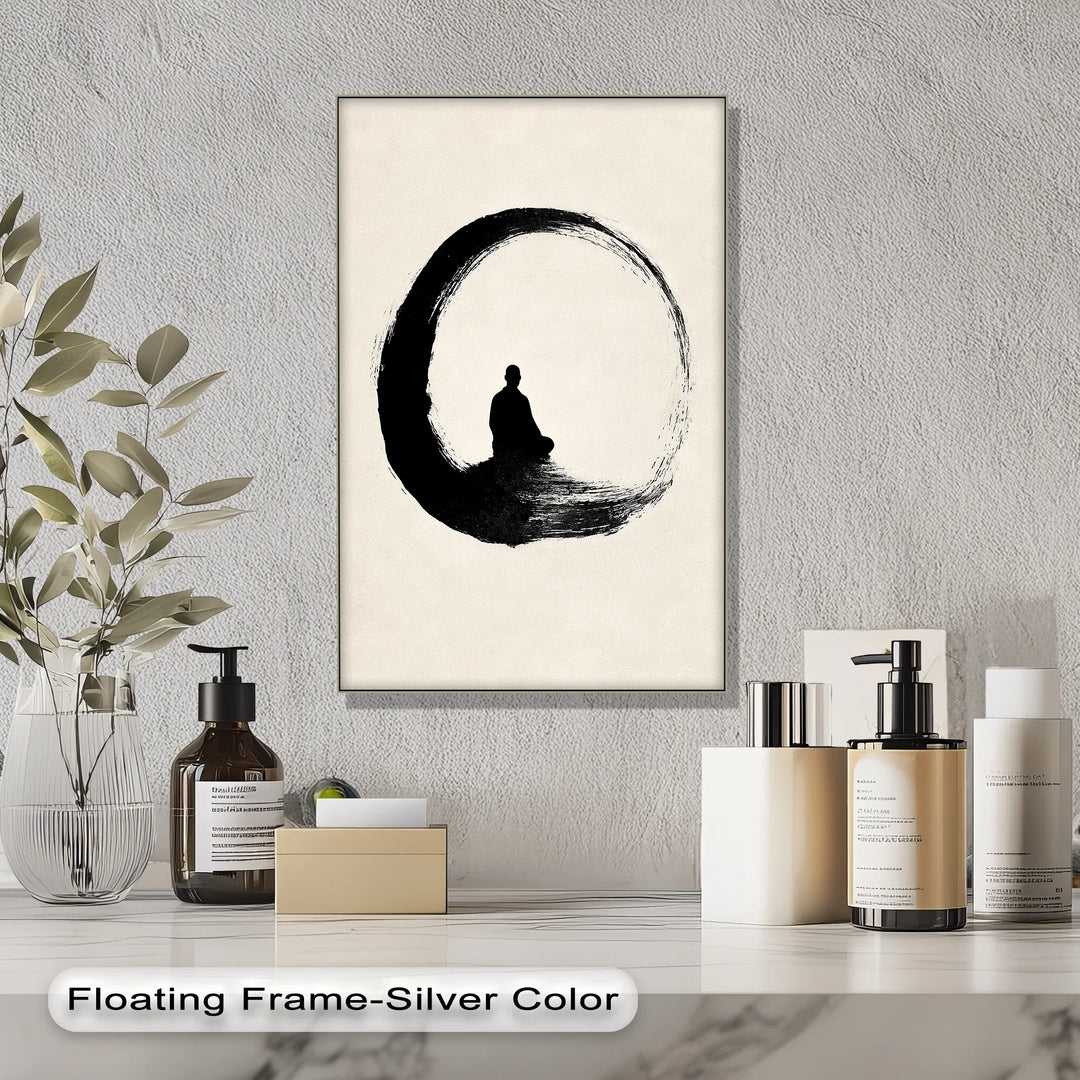 Zen Circle with Meditating Figure – Minimalist Japanese Ink Canvas Print - MyPhotoStation