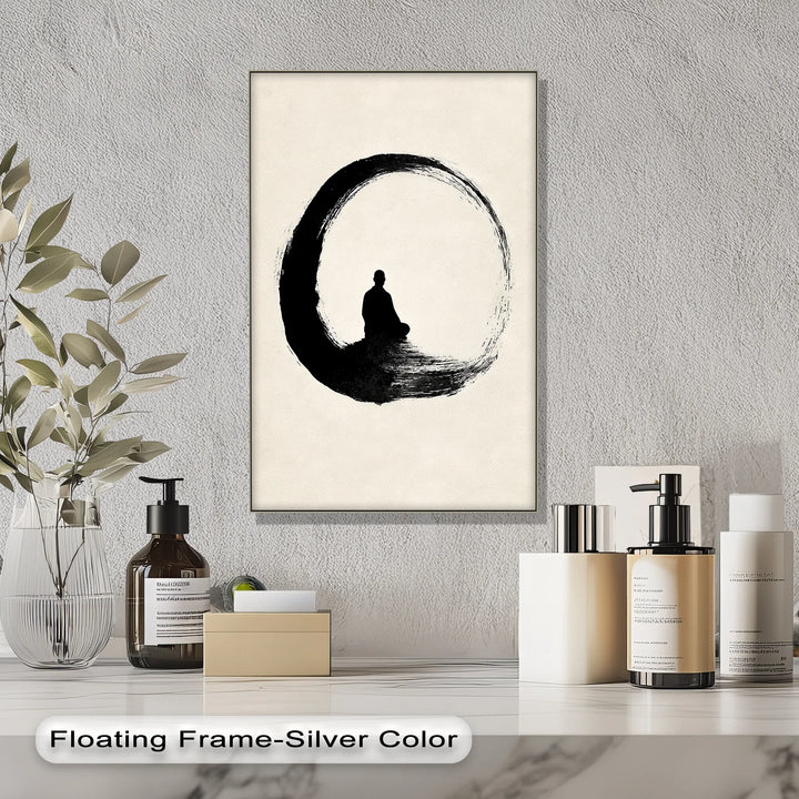 Zen Circle with Meditating Figure – Minimalist Japanese Ink Canvas Print - MyPhotoStation