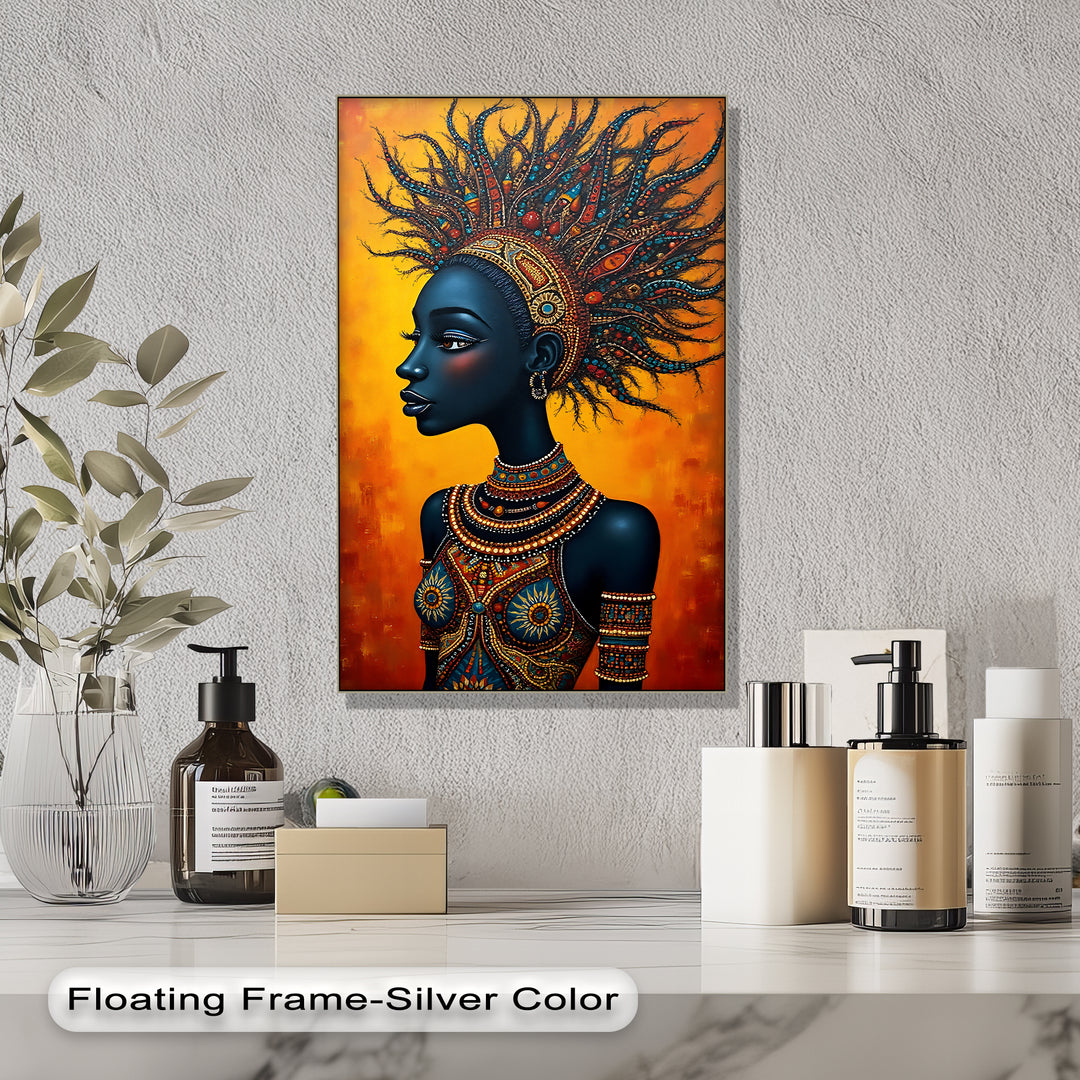 Regal African Queen – Beaded Tribal Portrait Canvas Wall Art | Framed Art