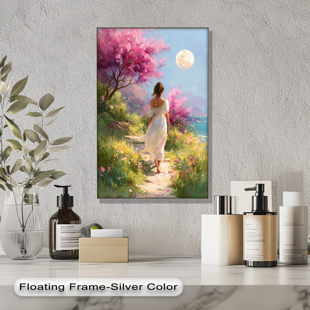 Moonlit Garden Stroll – Romantic Woman in Blossoming Landscape Canvas Print - MyPhotoStation