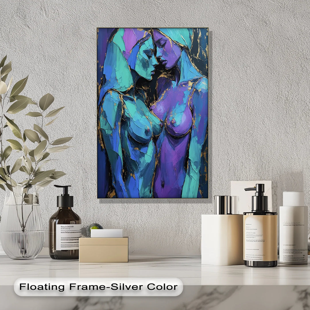 Electric Intimacy – Dual Female Figures in Blue and Violet Canvas Print - MyPhotoStation