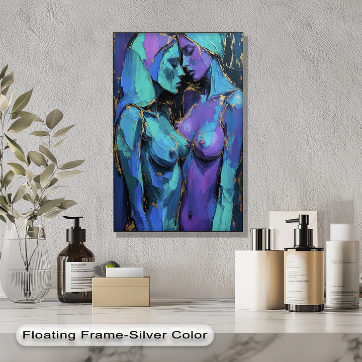 Electric Intimacy – Dual Female Figures in Blue and Violet Canvas Print - MyPhotoStation