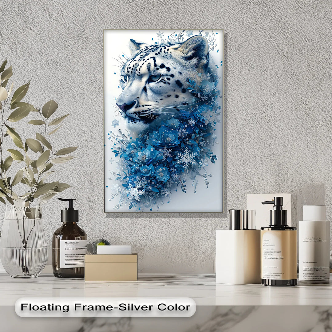 Snow Leopard in Blue Florals – Majestic Winter Wildlife Blue Canvas Prints - MyPhotoStation
