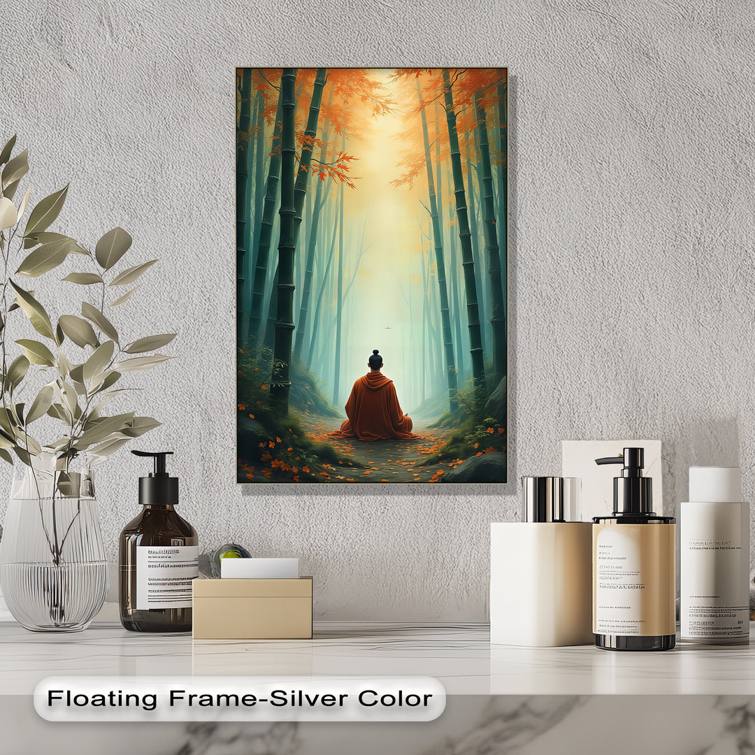 Zen Serenity – Monk in Bamboo Forest Canvas Wall Art | Framed Artwork