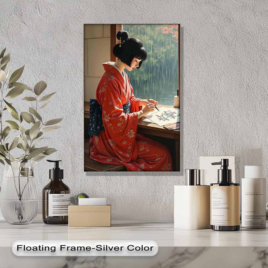Graceful Serenity – Japanese Woman in Kimono Canvas Wall Art | Framed Art