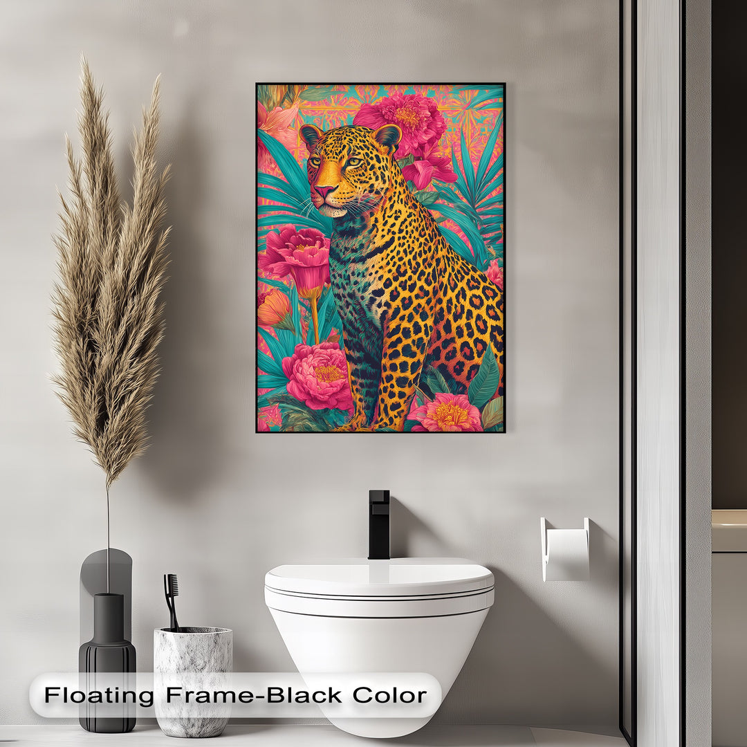 Regal Jungle Majesty – Vibrant Leopard in Floral Canvas Print