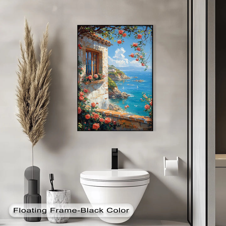Seaside Roses View – Mediterranean Coast Window Canvas Print - MyPhotoStation