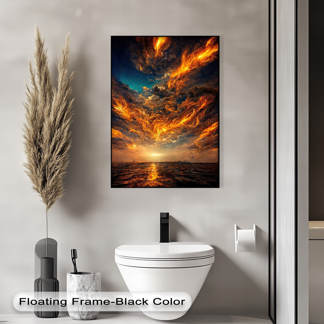 The textured surface of this dramatic firestorm sky canvas art print vividly captures swirling, fiery clouds and intense ocean waves.