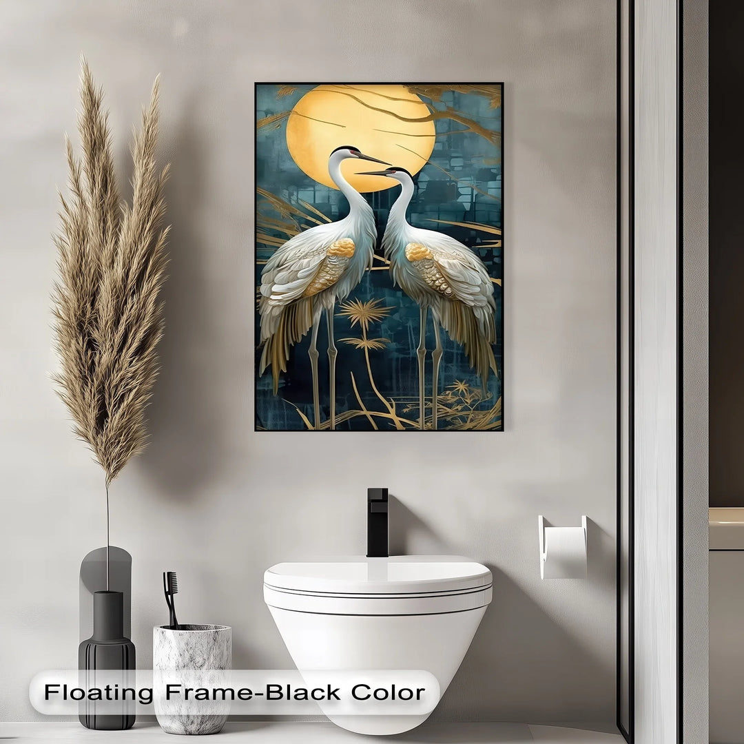 Moonlit Elegance – Golden Cranes Under Full Moon Canvas Print - MyPhotoStation