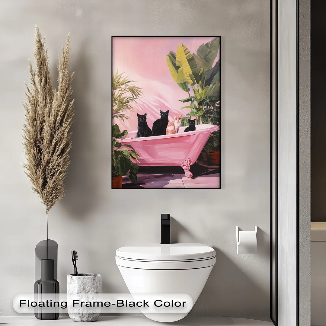 Four Cats in a Pink Bathtub – Playful Botanical Canvas Print - MyPhotoStation