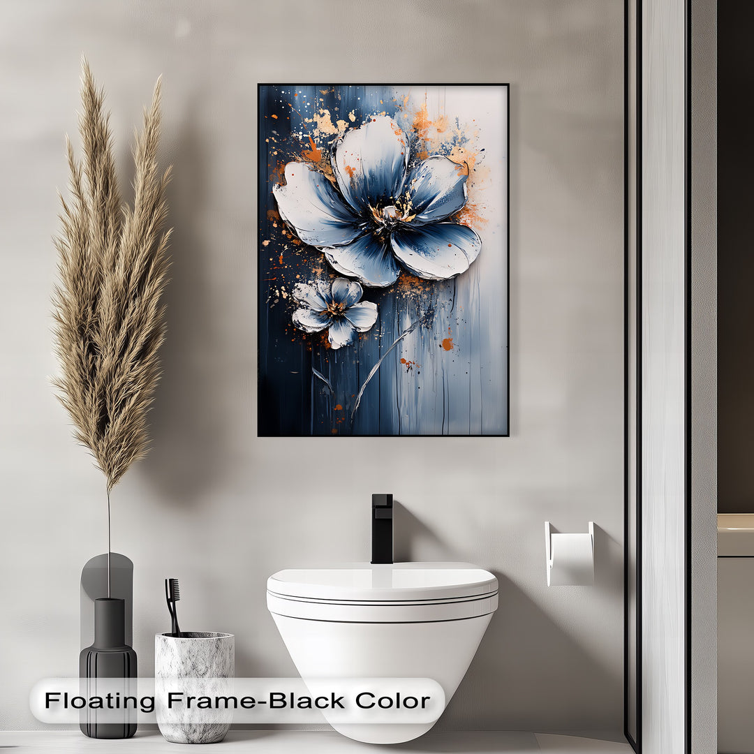Electric Midnight Bloom – Blue and White Abstract Floral Canvas Print