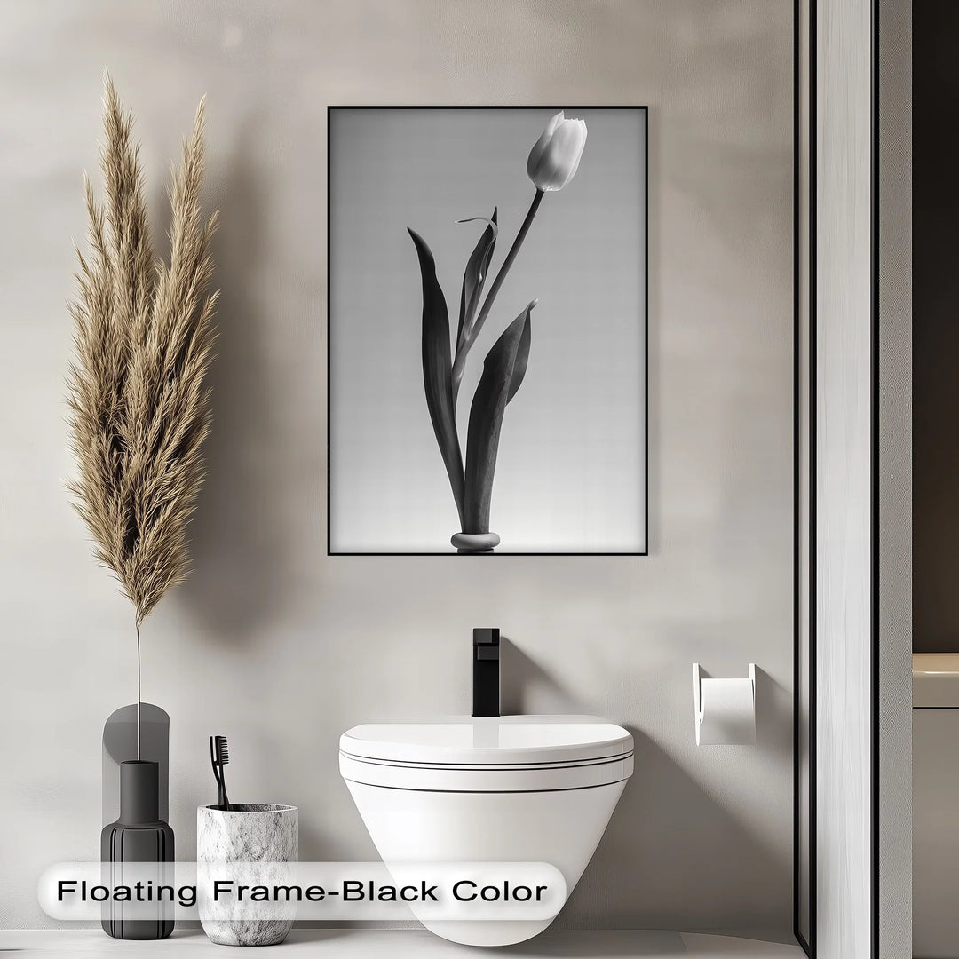 This tall photo canvas captures the pure elegance of a tulip against a soft grayscale backdrop.

