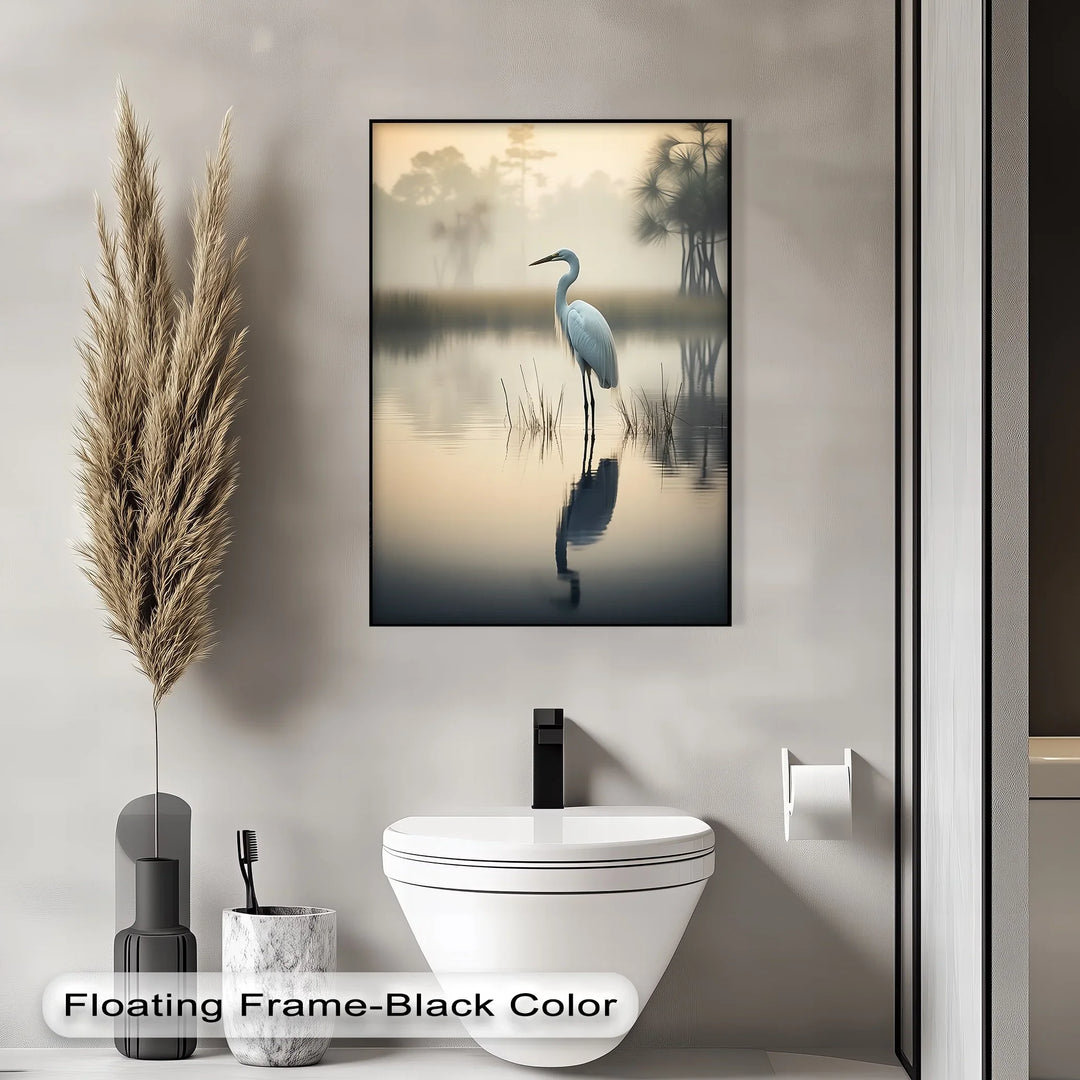 Misty Morning Heron – Serene Lakeside Reflection Canvas Print - MyPhotoStation