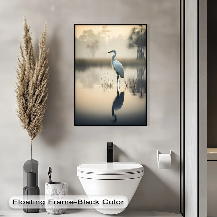 Misty Morning Heron – Serene Lakeside Reflection Canvas Print - MyPhotoStation