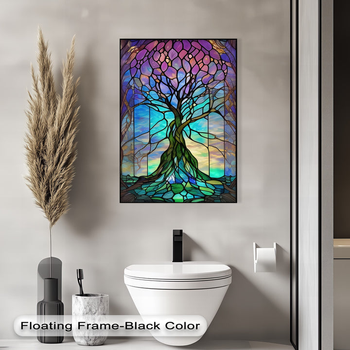 A vibrant, kaleidoscopic stained glass tree canvas wall art dominates the bathroom, showcasing majestic roots and purple-hued leaves.