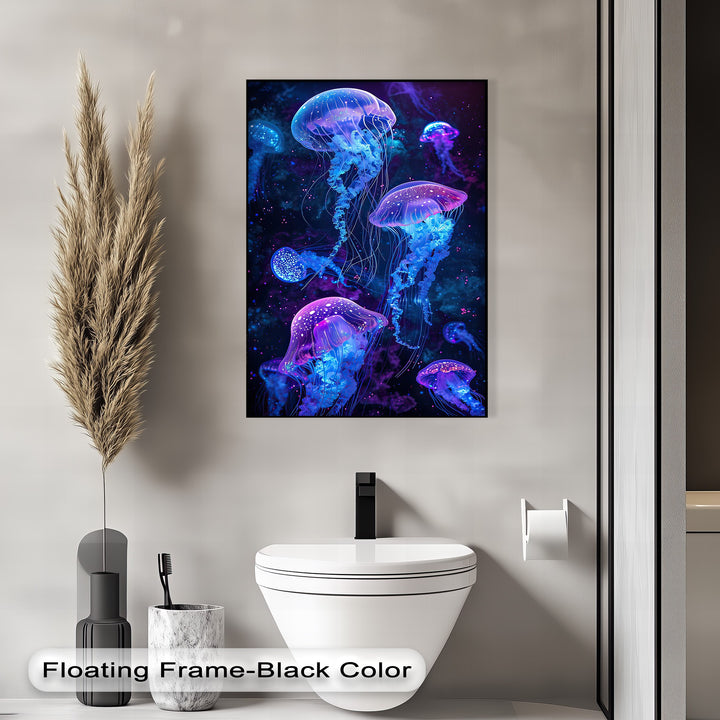 Cool-toned premium canvas decor featuring vibrant neon jellyfish with electric blue and purple hues, creating a glowing ocean wall art effect.