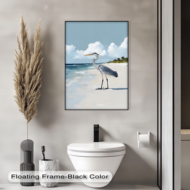 Coastal Heron Under Blue Skies – Tropical Beach Canvas Print