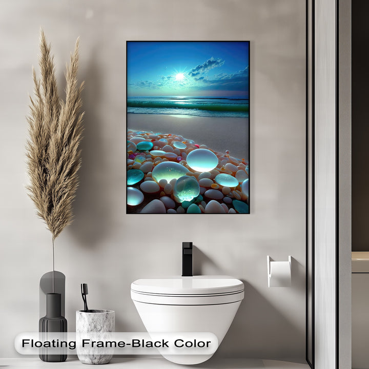 The stillness of a radiant coastal sunset over tranquil waves and luminous pebbles is captured on this stunning hanging canvas.