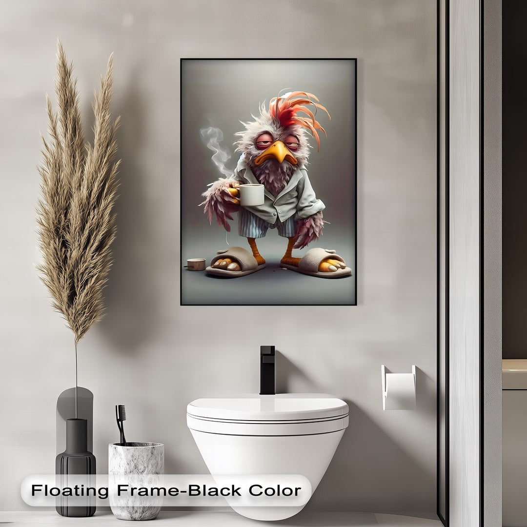 A prominent high quality canvas print showcases a comical, intensely grumpy bird in pajamas clutching steaming coffee, making it the focal point.