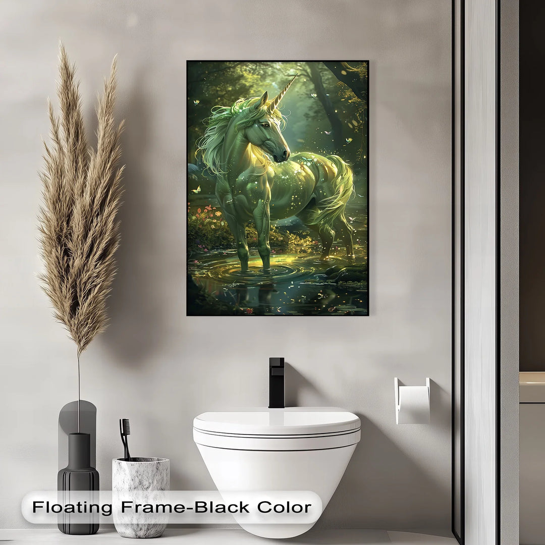 Glowing Green Unicorn in Enchanted Pond - Animal Canvas Print - MyPhotoStation