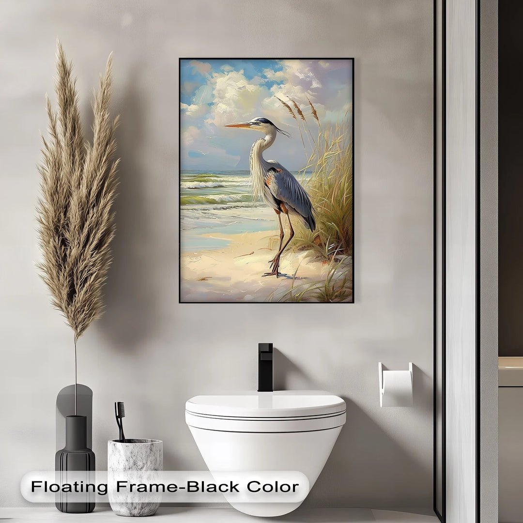 Coastal Grace – Majestic Heron by the Shore Canvas Print - MyPhotoStation