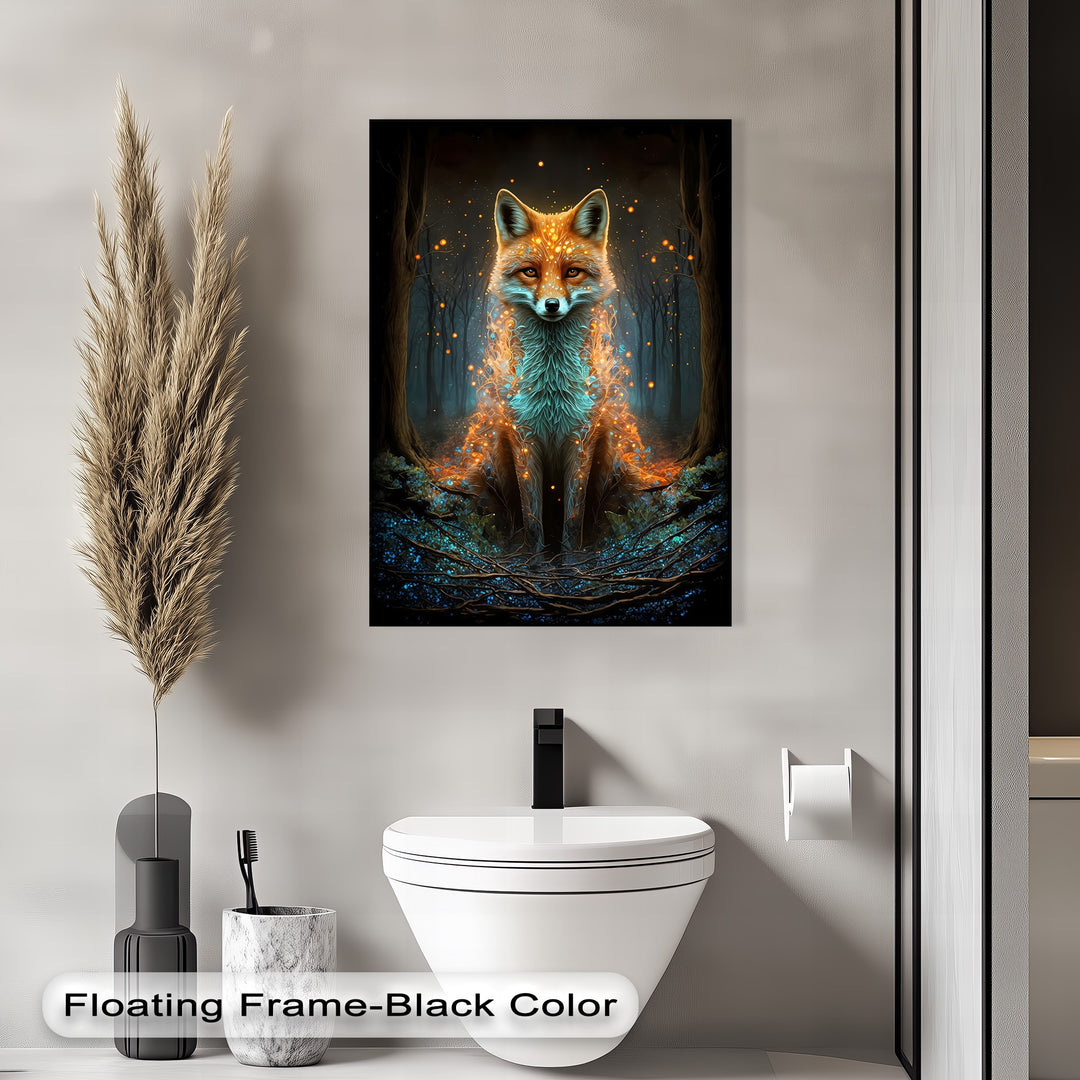 A dazzling mystic fox, brilliantly illuminated with vivid orange and blue light in an enchanted forest, defines this striking premium canvas decor.