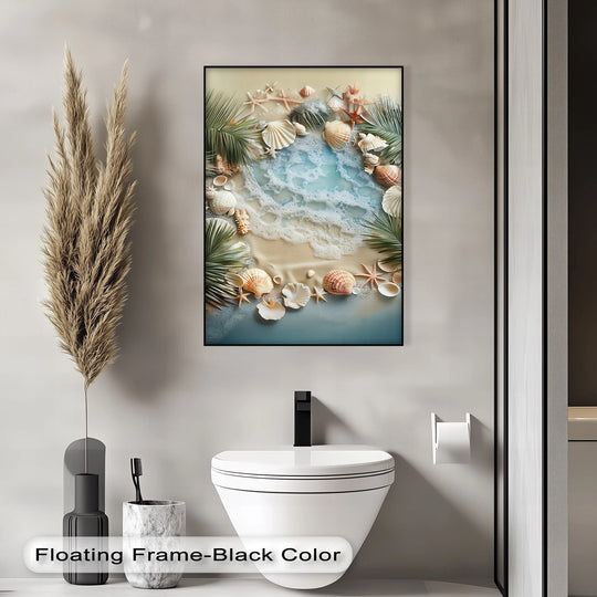 Subtle light accentuates the textures and shadows within the Seashell Serenity canvas wall decor, creating depth among the coastal shells and foamy surf.