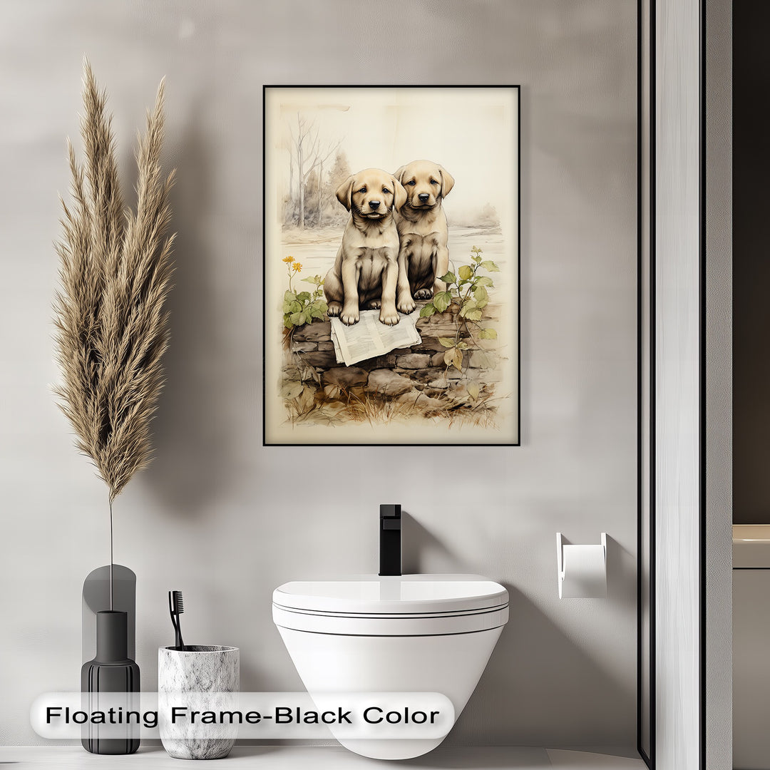 Stone Wall Puppies – Vintage Nature Scene Puppies Canvas Print