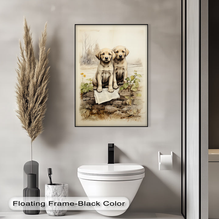 Stone Wall Puppies – Vintage Nature Scene Puppies Canvas Print