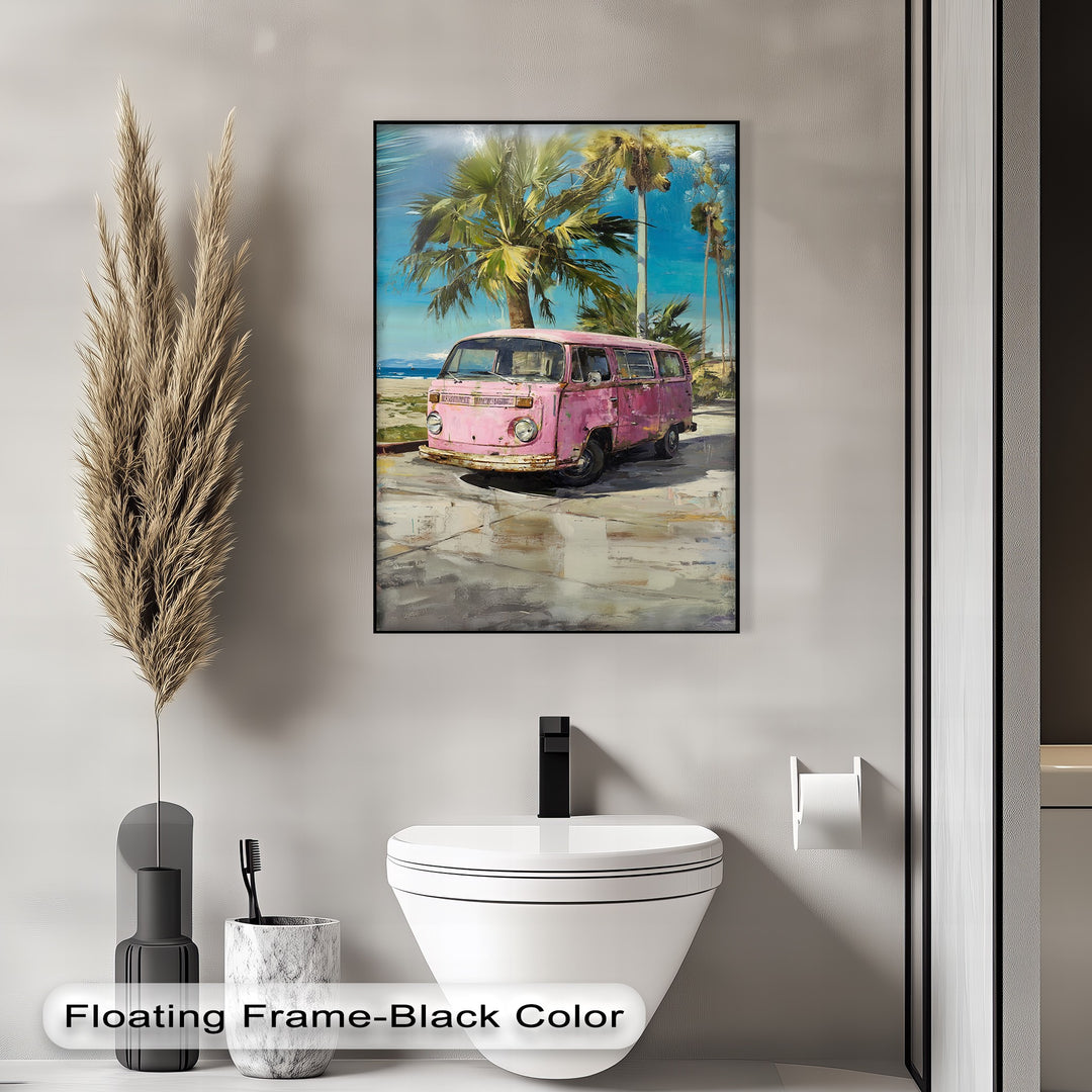 Pink Paradise Ride – Vintage Van by the Beach Canvas Print