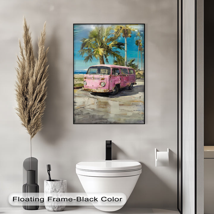 Pink Paradise Ride – Vintage Van by the Beach Canvas Print