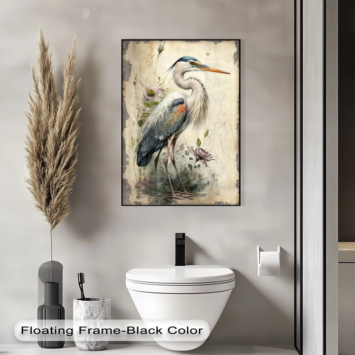 Graceful Heron Amid Wildflowers – Vintage Nature Canvas Print - MyPhotoStation
